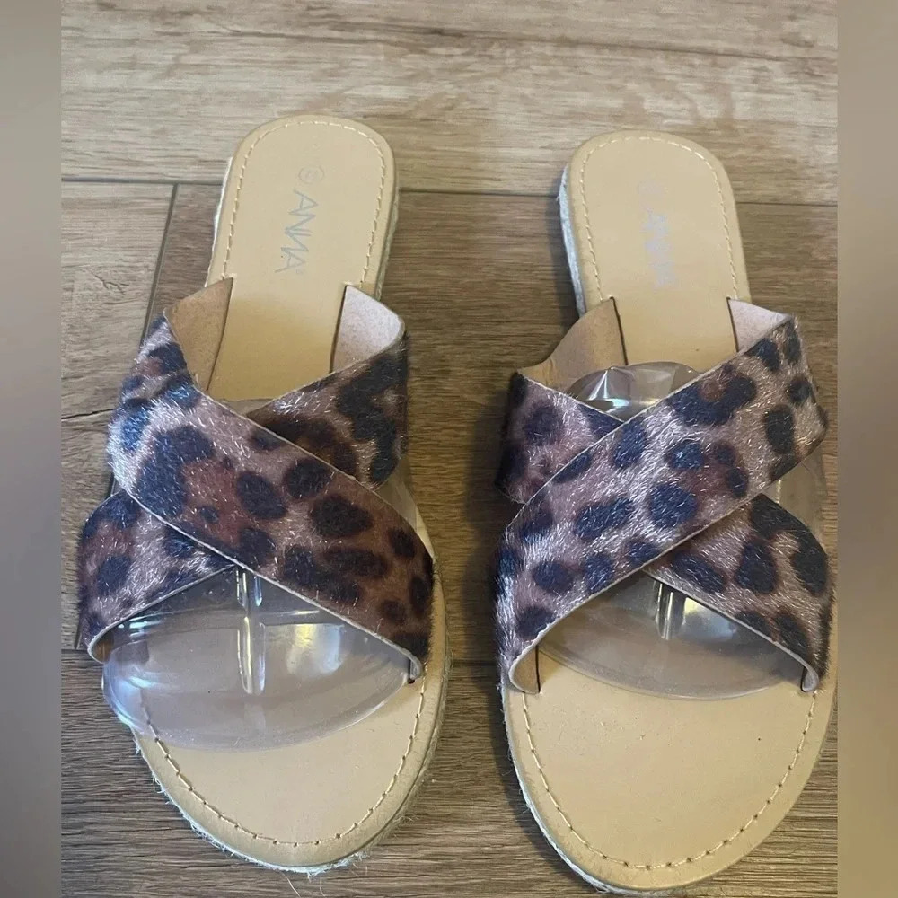 Anna women’s slide on sandals leopard print pony hair flats cross cross comfort